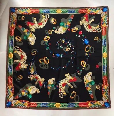 Vintage MUST DE CARTIER SILK SCARF Black & Gold LEOPARDS PARROTS & GEMSTONES • $149.99