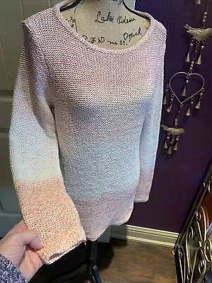 $24 • Buy Chico’s Peach Ivory Ombre Rose Gold Metallic Tunic Sweater Size 1 Med 8/10 36”