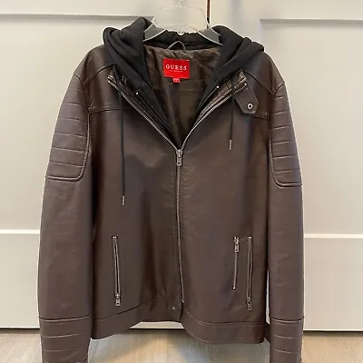 Guess Jeans Men's Hooded Moto Jacket Full Zip Hoodie Brown Faux Leather Sz Large • $55.99