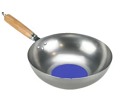 12 Inch Carbon Steel Wok With Wooden Handle Flat Base And Deep Stir Pan High Qty • £15.99