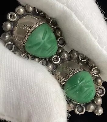 Vintage Mexico Silver Stamped Green Stone Warrior Face 1” Pendant Lot Sterling • £52.55