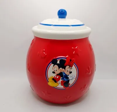 Disney Mickey And Minnie Mouse Red White Blue Ceramic Cookie Jar White Lid • $22.49