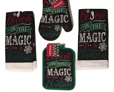 Christmas Kitchen Linen Set Towels Potholder Oven Mitt Believe In The Magic 4 Pc • £19.27