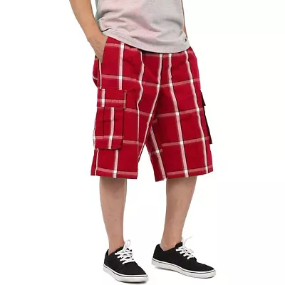 Shaka Wear Men's Cargo Shorts Relaxed Fit Plaid Elastic Waist • $19.95