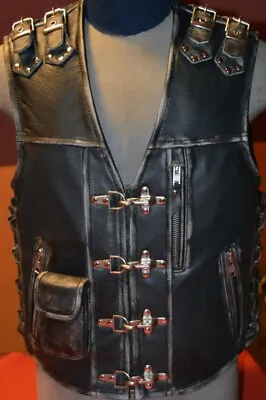 Men's Vintage Black Motorbike Vest Real Thick Cow Leather Biker Motorcycle Vest • $184.99