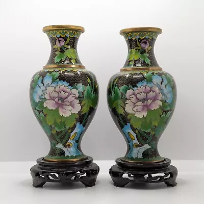 Chinese Cloisonne Vases With Wooden Stands Pair Vintage • £54