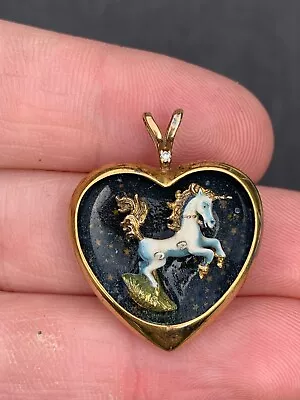 9ct Gold On Silver Franklin Mint Diamond Enamel Unicorn Heart Pendant • £3.20