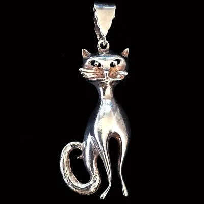 Fancy Cat Kitty Vintage 925 Sterling Silver Pendantmark'925' 6.0g 55x20x7mm • $9.69