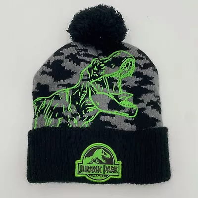 Jurassic Park Hat Beanie Classic Logo Cuff Knit Stocking Cap T-Rex Black Green • $9.99