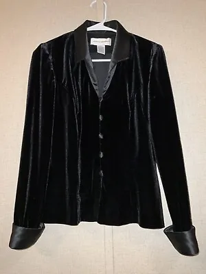 Jeanne Alexander Black Velvet Suit Jacket Women L Blazer Satin Flip Cuff • $34