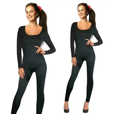 Adult Catsuit Black Kitty Halloween Dance Jumpsuit Ladies Fancy Dress Outfit • £6.99