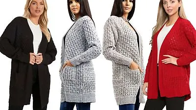 £12.69 • Buy Ladies Knitted Chunky Long Sleeve Open Front 2 Pocket Boyfriend Jumper Cardigan