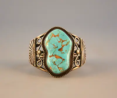 Vintage Navajo Indian Silver Bracelet Large 2 1/4   Tall Turquoise Stone 6 3/4  • $550