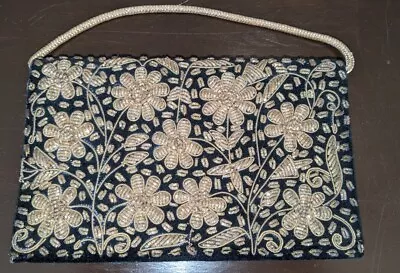 India Zardozi Purse VintageMetallic Embroidered Velvet Cord Handle Bag • $19.95