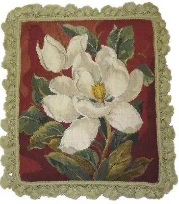 Needlepoint Pillow | Handmde Wool Floral Magnolia Vertical Throw Cushion 20x18 • $261.36