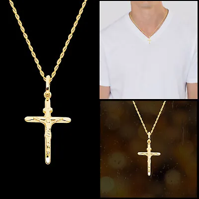 Mens Womens 14K Yellow Gold Religious Jesus Cross Crucifix Pendant • $74