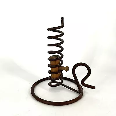 Vintage Primitive Wrought Iron Spiral Courting Candle Holder With Wood Lift • $12