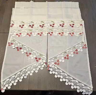 White & Red Sheer Cherries Kitchen Curtains Vintage Cafe  • $25