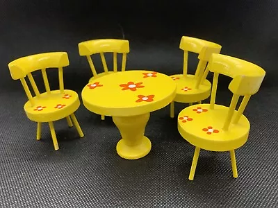 VTG Dollhouse Wood Kitchenette Table & 4 Chairs 1970s MCM Mod Yellow Red Flowers • $43.94