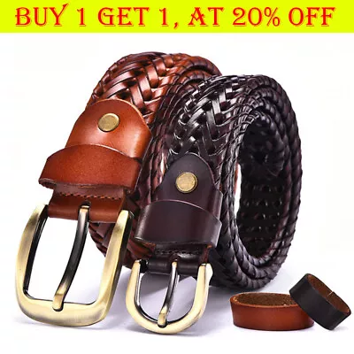 Unisex Braided Belt Men Pin Buckle Waistband Strap Women Woven Leather FA • £9.59