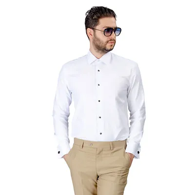 Slim Fit Tuxedo Dress Shirt White Herringbone Textured Men's French Cuff AZARMAN • $34.99