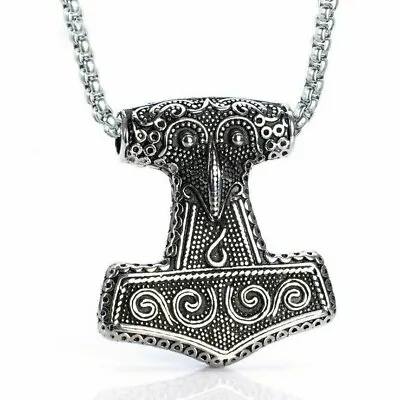 Mens Viking Raven Mjolnir Pendant Necklace Sigil Talisman Stainless Steel • $12.60