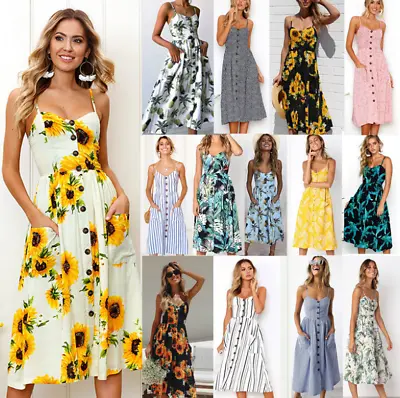 £14.98 • Buy UK BOHO Womens Ladies Summer Beach Midi Dress Holiday Strappy Button Sun Dresses