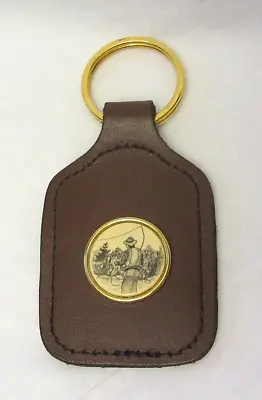 Vintage Leather & Scrimshaw Man Fishing Keychain Key Ring • $10