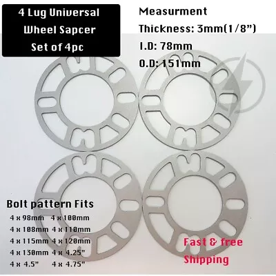 4Pc Wheel Spacers 3mm Universal For 4x98 4x100 4x108 4x110 4x114.3 4x120 4x130 • $15.25