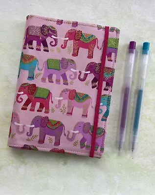 Elephants Indian Pink A6 Notebook Reusable Handmade Fabric Cover Elastic Pad • £7.50