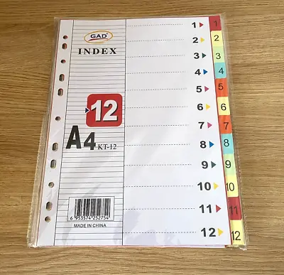 1-12 Numbered Card Index File Dividers A4 Multi Coloured 12 Part Hole Punched • £2.91