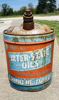 Inter-State Five 5 Gallon Motor Oil Can 1950's Kansas City Wooden Handle Vintage • $154.99