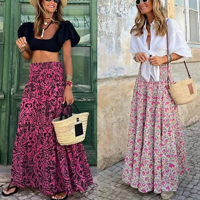 Womens Boho Floral Long Maxi Skirt Ladies High Waist Beach Swing Long Dress UK • £15.99