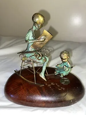 Malcolm Moran Brass Girl On Rocking Chair Reading Book With Little Boy Hold Cat • $110