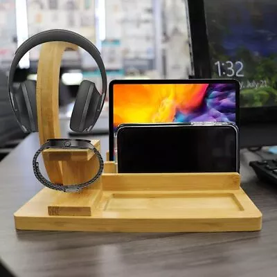 Multi-Purpose Wooden Headphone Station Bamboo Desk Organizer Home Office Decor • $38.99