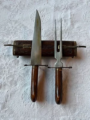 Vintage Meat Carving Set Wood & Brass Holder Made In India • $5.99