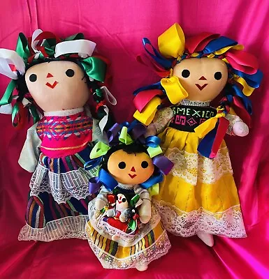 Set Of 3 Colorful Rag Dolls 2 @16” & 2 @ 10” Hand-Made Beautiful Preowned • $24