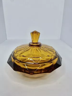 Vintage MCM Viking Glass Amber Diamond Point Candy Dish W/lid 7.5” Mint • $59.99