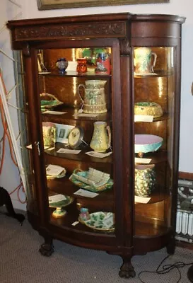 Antique Oak Curved Glass China Cabinet – Large Carved Claw Feet • $2200