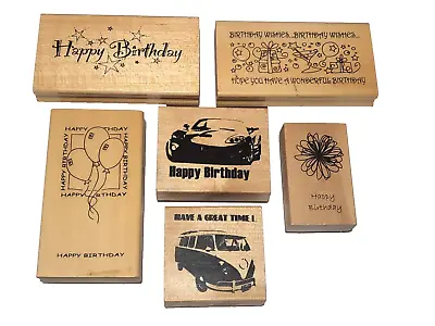 6x Wooden Rubber Craft Stamps Birthday Car VW Camper Teddy Balloons 4 - 11 Cm • £11.99