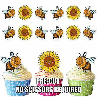 PRECUT Sunflowers & Bees Edible Cupcake Toppers Cake Decorations Party Birthday • £3.75