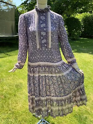 Vintage Phool Indian Block Print Boho Festival Dress Gauze Cotton Pink Purple L • $296.79