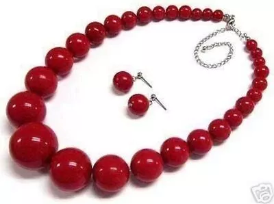 Beautiful New 6-14mm Red Coral Round Gemstone Necklace Earring Set 18  • $0.99