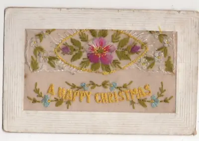 WW1 Embroidered Silk Postcard Happy Christmas Flowers Military Sentimental • £4
