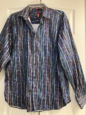 Luchiano  Visconti Black  Shirt~Blue Abstract Stripe~46 Chest~Large~98 Cot/2 Sp • $22