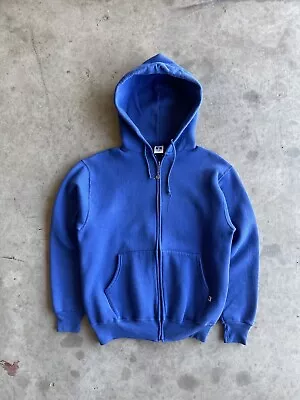 Vintage 90s USA Made Russell Athletic Blue Blank Zip Hoodie Size Medium  • $34.49