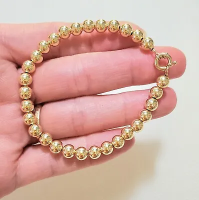 14k Solid Yellow Gold 6mm Ball Bead And Bolt Spring Clasp Bracelet • $265.98