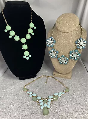 Statement Necklaces Lot Mint Green Bubbles Flowers Faceted Gems Gold Tone • $9.99