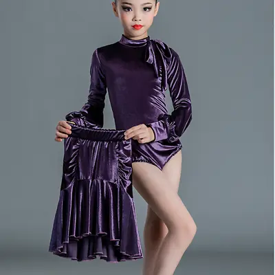 Kids Girls Velvet Latin Dance Dress Children Ruffled Skirt Ballroom Dancewear • $53.45