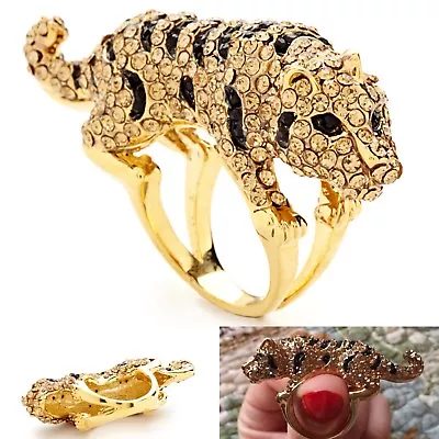 MEGHAN FABULOUS Large Gold Kipling Tiger Rhinestone Cocktail Ring Size 7 ✨RARE✨ • $39.99